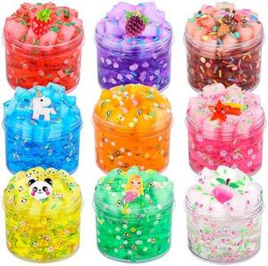 9 Pack Jelly Cube Fluffy Slime Kit Party Favor, Crunchy Clear Glitter Crystal Slime for Girls and Boys, DIY Birthday Boba Glimmer Slime for Kids, Cute Charms Soft Non-Sticky Stress Relief Slime Toys