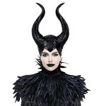 AOITMZAY Womens Black Feather Halloween Witch Costume, Long Horns Headpiece and Black Crow Costume Feather Cape Shawl.