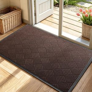 WELDUN Front Door Mat, Heavy Duty Waterproof Rubber Doormat for Indoor Outdoor, Non-Slip Low Profile Dirt Trapper Absorbent Mat for Entryway, Stain Fade Resistant Easy Clean 73"x46", Brown
