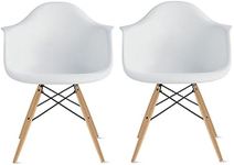2xhome Modern Dining Side Chairs from Molded Plastic Armchair Shell with Natural Wooden Legs, White, Set of 2