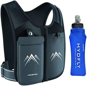 AMOSTEC Running Phone Holder Vest, Original Zip Front Reflective Running Vests with 500ml Hydration Bottle, 5 Pockets for Cards, Keys, Towels, Adjustable Waistband & Breathable Materials, Men & Women