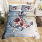 Castle Fairy Nautical Anchor Bedding Set Queen Size,Watercolor Flowers Floral Duvet Cover Set for Children Bedroom Present, Ocean Farmhouse Retro Style Microfiber Comforter Cover with 2 Pillowcases