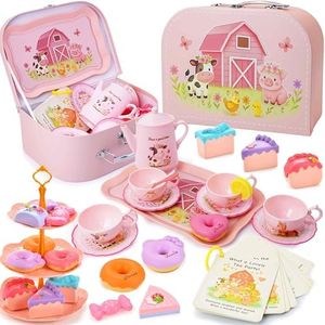 Lajeje Toddler Farm Theme Tea Set for Girls 3-5, 47PCS Plastic Barn Animal Pretend Play Tea Party Set with Teapot, Cups, Tray, Desserts & Story Cards, Carrying Case Pink Gift Toy for Kids