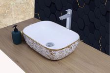 HISRE Table Top Wash Basin For Bathroom | Over Counter Top Wash Basin For Living Room | Washbasin Countertop | Tabletop Ceramic Bathroom Kitchen Sink (Style_8) SKT STONE WHITE