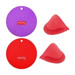 HAZEL Silicon Mats with Oven Mitts | 2 Piece Sincone Trivet with 1 Pair Heat Resistant Pinch Mitten Pot Holder for Kitchen, Multi Color