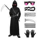 Ficlwigkis Grim Reaper Costume for Kids,5 Pcs Halloween Dress Up Costume Hooded for Child Boy with Light Up Red Eyes