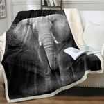 Sleepwish Elephant Blanket Super Soft Cozy Sherpa Fleece Throw Blanket Black White 3D African Elephant Walking Blanket for Men Boys (Throw 50" x 60")