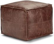 SIMPLIHOME Sheffield Square Pouf, Footstool, Upholstered in Brown Leather, for the Living Room, Bedroom and Kids Room, Transitional, Modern