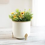 BEHOMA Metal Hammered White Planter with Golden Trim for Home Decor | Decoratives for Indoor Outdoor Balcony Living Room | Table Decorative Plant Pot for Gifting | White (Plant not Included)