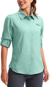 Womens Sun Protection Fishing Shirt with Zipper Pockets Lightweight SPF Long Sleeve Shirts for Hiking Safari, Light Green, Small