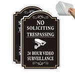 maswater 2 Pack No Soliciting Sign, Self Adhesive 24 Hour Video Surveillance Sign, Indoor Use for Home Yard Door Sign 8 x 12 Inches (Black-JKYKL)