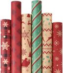 woric 6 Rolls Jumbo Christmas Wrapping Paper, 30 Inch x 120 Inch Gift Kraft Wrapping Paper Roll Snowflakes Trees Red Green Pattern Vintage Christmas Holiday Wrapping Paper