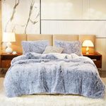 Luxury Faux Fur Shaggy Comforter Set Full/Queen Size, Plush & Sherpa Reversible Comforter Grey with White, 3-Piece Fluffy Fuzzy Bedding Set Ultra Soft and Warm for Winter (1 Comforter + 2 Pillowcases)