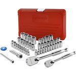 EPAuto 1/4-Inch and 3/8-Inch Drive Socket Set with 90 Tooth Reversible Ratchet, 47 Pieces