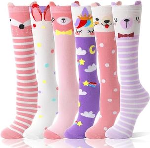 MOGGEI Kids Girls Knee High Socks Long Boot Crazy Silly Fun Gift Tall Funny Cute Animal Child Gift Stocking Stuffers Socks 6 Pairs Girls Socks （Animal Pink Purple Color）