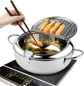 Kerilyn Deep Fryer Pot, 9.4 Inch/3.4 L Janpanese Style Tempura Frying Pot with Lid, 304 Stainless Steel with Temperature Control and Oil Drip Drainer Rack, for Kitchen French Fries, Chicken etc