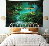 Ambesonne Fantasy Tapestry, View of Surreal River Pond and Fishes Mushroom in Jungle Trees Print, Wide Wall Hanging for Bedroom Living Room Dorm, 80" X 60", Green Teal