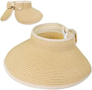 SUN CUBE Sun Visor Hats Women, Straw Beach Hats for Women, Wide Brim Summer Ponytail Hat, Packable Rollup Visor, Travel Foldable UV Protection Sunhat - Beige