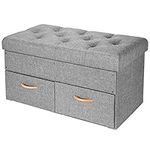 SortWise 33 Inches Folding Storage Ottoman with Two Drawer, Storage Chest Foot Rest Stool (Grey, 33"x16.5"x16.5")