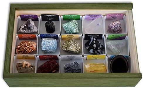 Colección de 15 Minerales de América en Caja de Madera Natural - Minerales Reales educativos con Etiqueta informativa a Color. Kit de Ciencia de Geología para niños.