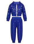 JanJean Girls Boys Hip-hop Jazz Dance Performance Costume Street Dance Outfits Sequins Jacket Coat Hooded Tops Pants Set Blue 8-10