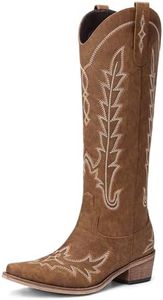 Rivalran Brown Cowboy Boots for Women - Wide Calf Knee High Pointed Toe Chunky Heel Pull On Zipper Western Cowgirl Boots, Retro Country Vintage Fashion Tall Boots US Size 6.5