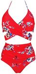 COCOSHIP Red & White & Jade Pink Garden Flower Retro Ruched High Waist Bikini Set Cross Push Up Sport Tie Back Swim Bathing Suit 4