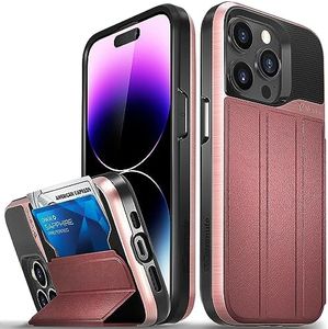 Vena vCommute Wallet Case Compatible with Apple iPhone 14 Pro (6.1"), (Military Grade Drop Protection) Flip Leather Cover Card Slot Holder with Kickstand - Rose Gold/Red