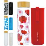 GROSCHE Venice Glass Water Bottle 670 ml, 22.6 fl. oz with Red Poppy Flowers print, bamboo lid, Borosilicate Glass and neoprene sleeve. Heatproof eco friendly glass water bottle.