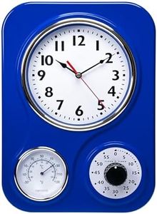 Lily's Home - 9.5 Inch x 12.5 Inch- Retro Kitchen Wall Clock, Vintage Wall Clock with a Thermometer and 60-Minute Timer, Ideal for Any Kitchen, Office, or Diner (Dark Blue)