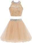 Two Piece Lace Bodice Short Homecoming Dresses Beads Prom Dresses BD134, Champagne, 4