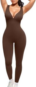 SHAPELLX Brown Tummy Control Jumpsuits for Women V Neck One Piece Workout Outfits Yoga Bodycon Pants Romper (Brown Medium)