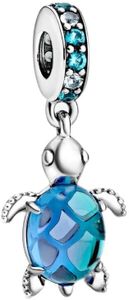 PANDORA Murano Glass Blue Sea Turtle Dangle Charm - Compatible with PANDORA Moments - Jewelry for Women - Gift for Women - Made with Sterling Silver & Man-Made Crystal - With Gift Box