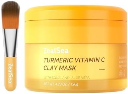 ZealSea Máscara de Arcilla de Cúrcuma, Máscara Facial 120g, Contiene 50% de Aloe Vera Orgánico, para Manchas Oscuras, Ilumina y Refina los Pros, Viene con Cepillo y Esponja Limpiadora