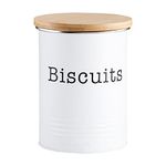 EHC Round Enamel Airtight Seal Cookie/Biscuit Kitchen Storage Canister Jar With Wooden Lid, White