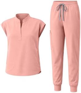 Eadflie Scrubs for Women Set - with Sleeveless Stand-Up Collar Scrub Top & Jogger Scrub Pants, Cool Stretch, Comfortable & Breathable Nurse Uniform, 8-Pocket Design - [Pink/L]