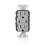 Leviton T5635-G Dual USB Type C Internal Charger with Power Delivery (PD) with 15 Amp, 125 Volt Tamper Resistant Output, Gray