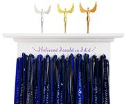 White Medal Hangers Display and Trophy Shelf with 23 Strong Ribbon Hooks, Wooden Medal Holder for Wall Showcase Running Award Honors, Motivating Gifts for Sports Enthusiast