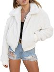 AKEWEI Women's Short Faux Fur Coat Casual Shaggy Jacket with Pockets Warm Winter Zip-Up Fluffy Outwear, White, X-Large