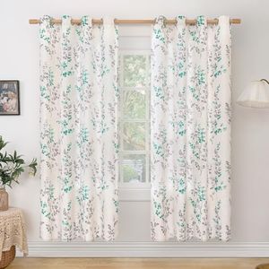 BGment Boho Linen Curtains for Bedroom 72 Inch Length 2 Panels Printed Leaf, Light Filtering Window Privacy Curtains for Living Room Farmhouse Rusitc Casual Patterns, Each 52 Inch Wide, Turquoise