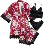 WDIRARA Women's Silk Satin Pajamas Set 4Pcs Lingerie Floral Lace Cami Sleepwear with Robe Pink Black Floral L