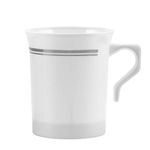 BloominGoods 50 Heavyweight Disposable White Plastic 8 oz. Coffee Mugs with Silver Trim | Tea, Cappuccino, Espresso Cups with Handles (50-Pack)