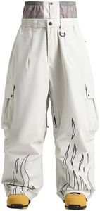 GSOU SNOW Mens Womens Baggy Snow Pants Snowboard Ski Pants Waterproof Beige | 20K Waterproof&15K Breathability,Windproof Snowboarding Pants,Reflective Flame Graphic,YKK Zippers,Snow Gaiters,4 Pockets