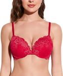 Deyllo Women's Push Up Lace Bra Sexy Deep V Lift Up Bra Underwire Padded Comfort Everyday Bra(Lava Red,32B)