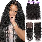 8A Brazilian Virgin Hair Water Wave 4 Bundles With Closure Free Part 100% Unprocessed Virgin Brazilian Human Hair Water Curly Ocean Wave Bundles With 4x4 Lace Closure Natural Color (22 24 26 28+20)