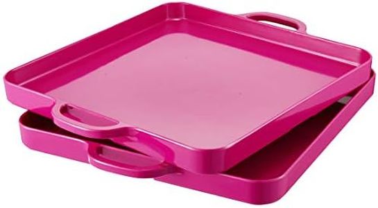 HSDT Square Serving Trays with Handles Melamine Hot Pink 12.5x12.5 Inch Spill Proof Kitchen Eating Trays Set of 2 for Cafeteria Cafe Food Appeizer Dessert Snack Dinner Lunch Breakfast,TR12-02