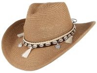 GEMVIE Women's Summer Straw Cowboy Cowgirl Hat Sun Hats Wide Brim Beach Holiday Straw Hat with Shell Band-Khaki