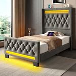 Rolanstar Twin Bed Frame with LED Light and Charging Station, Upholstered High Headboard and Footboard, Wood Slats, Noise Free, Easy Assembly, Grey