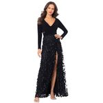 Xscape Women's Long Sleeve V-Neck Floral Skirted Gown (Reg and Petite), Black, 6