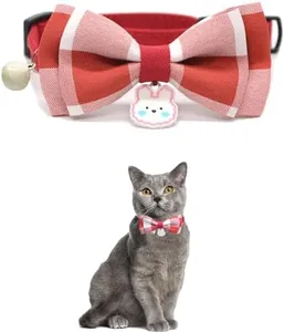 Plaid Bow Tie Breakaway Cat Collar,Cute Kitten Collar with Bell and Rabbit Pendant - Adjustable Size 7.87"-11.78" (M, Red)